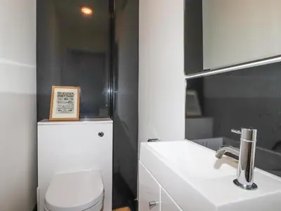 a bathroom with a sink and a toilet and a mirror at 1 Old Talbot Cottages in Lostwithiel