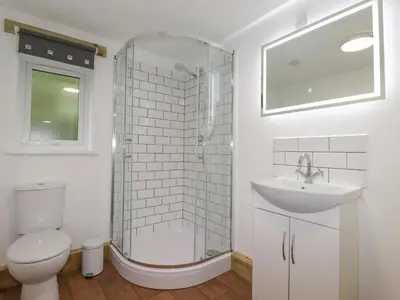 a bathroom with a shower and a toilet and a sink at Stall 2 - The Stables in Truro