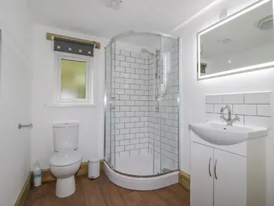 a bathroom with a toilet and a sink and a shower at Stall 2 - The Stables in Truro
