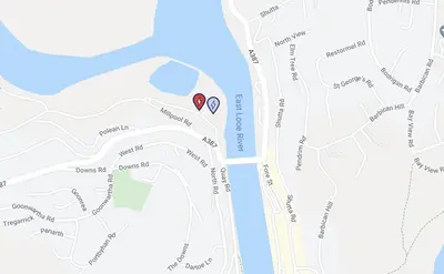 a map with two red spots on it at Luxury Georgian Townhouse Moments from the Harbour in Looe