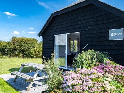 a black tiny house with a picnic bench and flowers at Harbour Lodge in Port Isaac