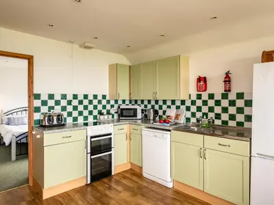 a kitchen with white appliances and green and white checkered walls at Dolphin Lodge in Port Isaac