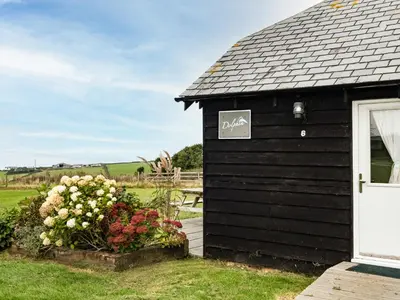 a black house with flowers in front of it at Dolphin Lodge in Port Isaac
