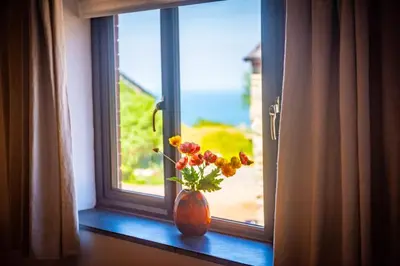 an orange vase with flowers sitting on a window sill at Polrunny Farm Sloe Cottage with a sea view in Boscastle