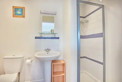 a bathroom with a toilet sink and a shower at Seawynds in Port Isaac
