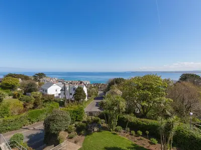 an aerial view of a residential street with trees and the ocean at The Lighthouse in St Ives