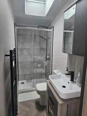 a bathroom with a shower and a toilet and a sink at Mawgan Pads Padstow in Padstow