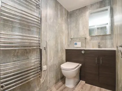 a bathroom with a toilet and a sink and a mirror at The LinneyThe West Dry in St Austell