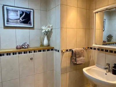 a bathroom with a sink and a toilet and a mirror at Amazing 2-bedroom apartment with lovely sea views in Newquay