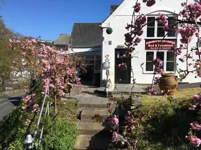 a building with pink flowers in front of it at Cherrywood Lodge in Looe