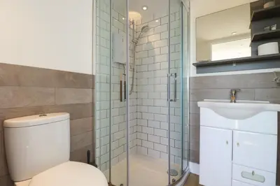 a bathroom with a shower and a toilet and a sink at Gannel Hideaway in Newquay