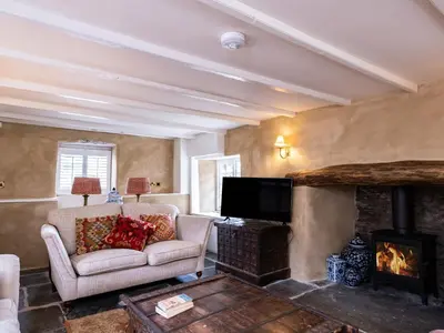 a living room with a couch and a fireplace at Porthilly Greys in Padstow