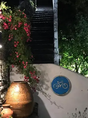 a blue sign on a wall with flowers and stairs at Spring Garden Cottage in Wadebridge