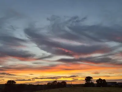 a cloudy sky at sunset with trees in a field at Glamping Pods Nr Port Isaac in Port Isaac