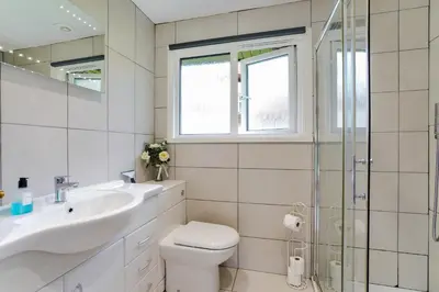 a bathroom with a toilet and a sink and a shower at Cornish Holiday - 91 Hengar Manor in Saint Tudy