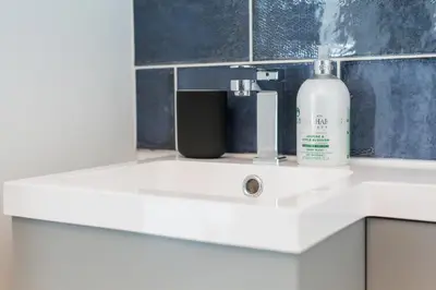 a white sink with a bottle of soap on it at Little Cedars House in Truro