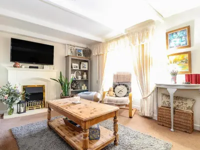 a living room with a fireplace and a tv at The Nest in Helston