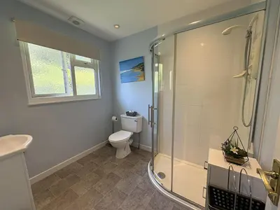 a bathroom with a shower and a toilet at Ocean Waves - Mount Brioni in Downderry