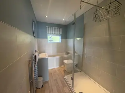a bathroom with a shower and a toilet and a sink at Sea Gem - Mount Brioni in Downderry