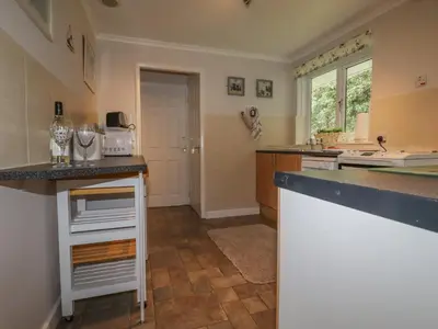 a kitchen with a counter and a counter top at Merryfield Lodge in Liskeard