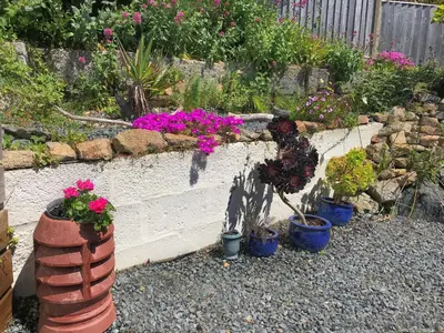 a garden with flowers and potted plants on the ground at Cliff House - a stunning sea view 2 bed apartment in Porthleven in Porthleven