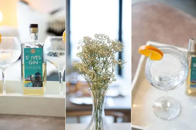 two pictures of a vase with flowers and a bottle of wine at Del Mar in St Ives