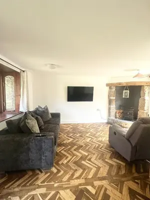 a living room with a couch and a fireplace at Charming & Spacious Holiday Home in Hayle