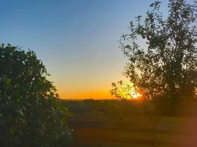 a sunset over a fence with the sun in the background at Romantic log-burner Cornish Cottage private garden dogs welcome in Truro