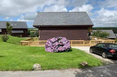 a house with a bush of purple flowers in front of it at Retallack Resort 4 bedroom lodge - Hot Tub for hire on request -Pool & Spa in Padstow