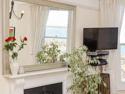 a living room with a fireplace with a tv and a window at Whistler in St Ives