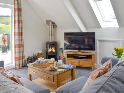 a living room with a fireplace and a tv at Camellia Cottage in Saint Ewe