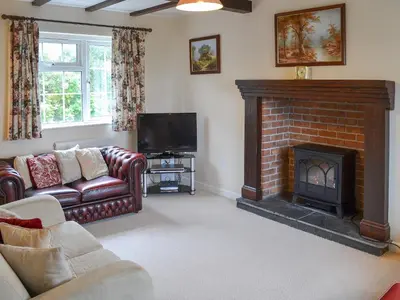 a living room with a couch and a fireplace at Poppy Cottage in Crantock
