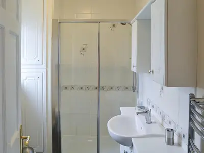 a bathroom with a shower and a sink at Poppy Cottage in Crantock