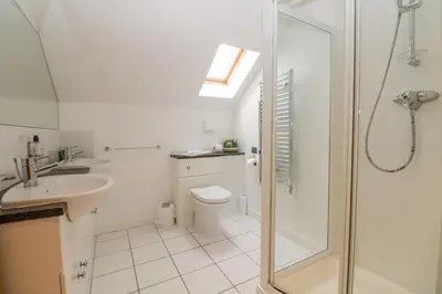 a bathroom with a shower and a toilet and a sink at Redwood, Retallack in Newquay