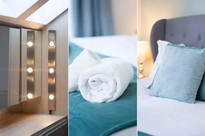 two pictures of a hotel room with a towel on a bed at Sea La Vie in Carbis Bay