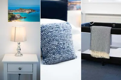 a collage of four different pictures of a bedroom at Sea La Vie in Carbis Bay