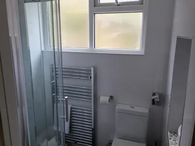 a bathroom with a shower and a toilet and a window at Portreath Arms in Portreath