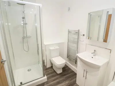 a bathroom with a shower and a toilet and a sink at Perran Pearl A in Perranporth