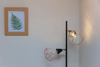 a light on a wall with a picture and a lamp at FurnessThe West Dry in St Austell