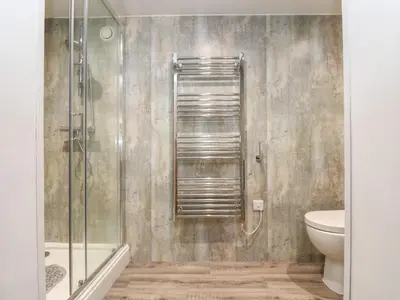 a bathroom with a shower and a toilet at FurnessThe West Dry in St Austell