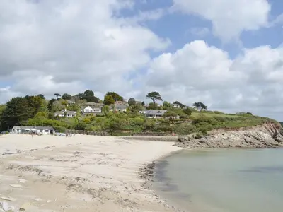 a view of a beach with houses on a hill at Hazel Cottage in Budock Water