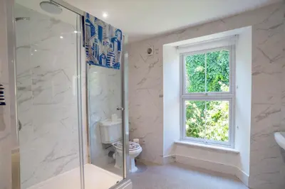 a bathroom with a shower and a toilet and a window at Fabulous 2 Bed Cottage - Outstanding Sea Views in Mevagissey