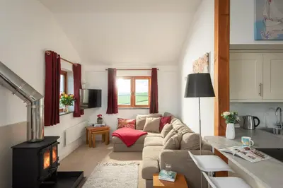 a living room with a couch and a stove at The Hut in Bodmin