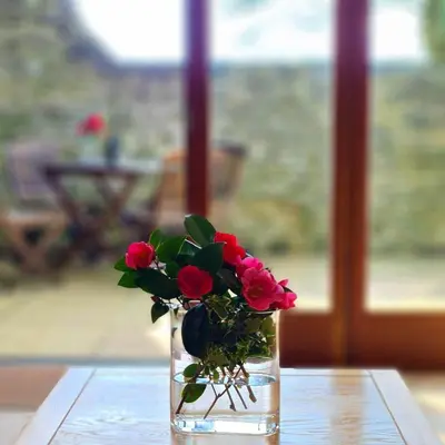 a vase filled with red flowers sitting on a table at Ta Mill Cottages & Lodges - Dairy Cottage in Launceston