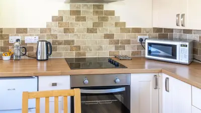 a kitchen with a counter top with a microwave at Ta Mill Cottages & Lodges - Meadowview Chalet 1 in Launceston