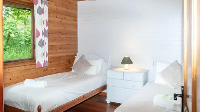 two twin beds in a room with a window at Ta Mill Cottages & Lodges - Brookview Lodge 1 in Launceston