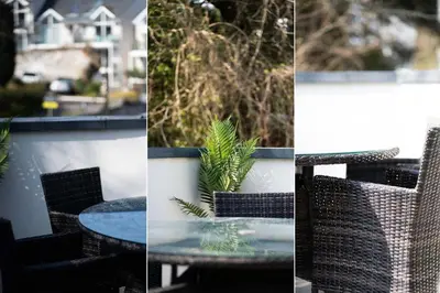 three pictures of a table and chairs and a table with a plant at Jack's Corner in St Ives