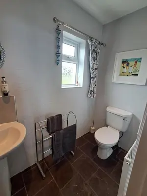 a bathroom with a toilet and a sink and a window at Eddystone Light Apartment in Mevagissey