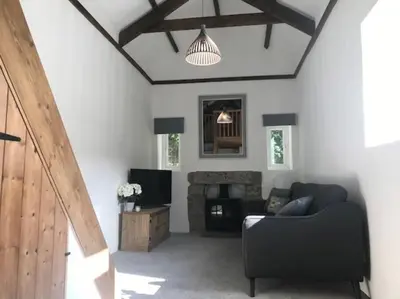 a living room with a couch and a fireplace at Woodland cottage in Cornwall with walled garden in Helston