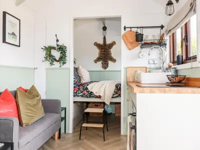 a kitchen and living room with a couch and a bed at Badgers Rest in Tintagel